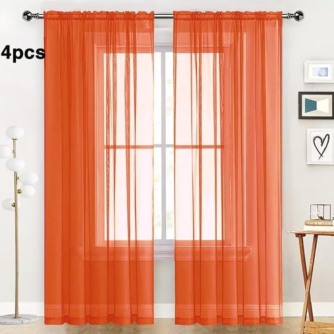 SpaceDresser Burnt Orange Sheer Curtains 4 Panels Rod Pocket Semi-Sheer Curtain 45 Inches Long Light Filtering Voile Window Drapes for Bedroom Living Room Kitchen, Each 52W x 45L