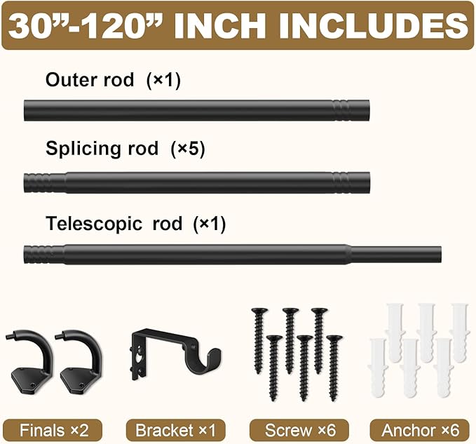 GXOACKJ Black Curtain Rods for Windows 66 to 120 inch, 5/8 inch Adjustable Wrap Around Blackout Curtain Rods for Bedroom & Outdoor
