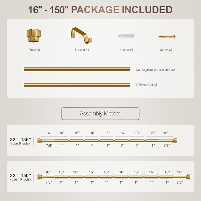 Lootkell Gold Curtain Rods for Windows 72 to 144 Adjustable Modern Curtain Rod 1 inch Diameter Heavy Duty with Solid Metal Finials for Living Room Bedroom Farmhouse Outdoor Patio