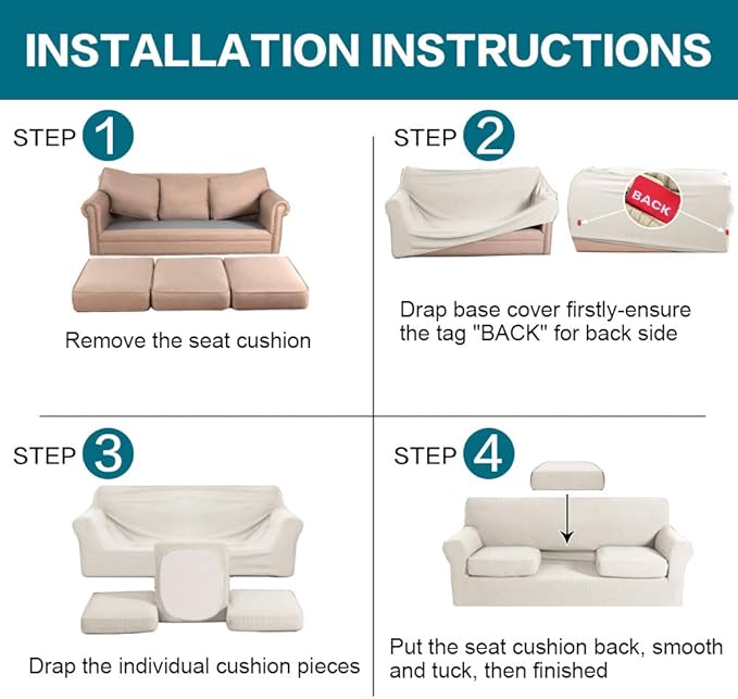 Turquoize 4 Piece Sofa Covers for 3 Cushion Couch Sofa Slipcover Soft Couch Cover for Dogs-Washable Sofa Furniture Covers with 3 Individual Large Cushion Covers, Feature Thick Fabric (XL Sofa, Ivory)