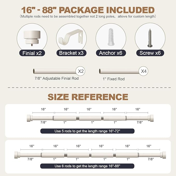 Lootkell Modern White Curtain Rods for Windows 48 to 84 Inches Adjustable Length Heavy Duty 1" Diameter Window Curtain Rod with Decorative Finials for Outdoor Farmhouse Bedroom Kitchen Living Room