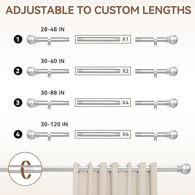 Silver Curtain Rods for Windows 30 to 60 Inch, 2 Pack 5/8 Inch Diameter Adjustable Rods With Brackets, Heavy Duty Easy to Install for Bedroom, Outdoor Patio