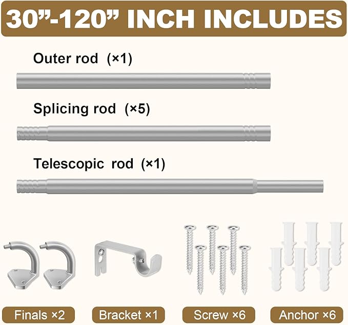GXOACKJ Silver Curtain Rods for Windows 66 to 120 inch, 5/8 inch Adjustable Wrap Around Blackout Curtain Rods for Bedroom & Outdoor