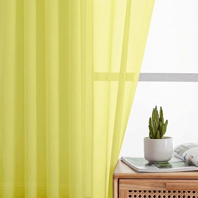 Sheer Curtains 63 Inch Length 2 Panels Set for Living Room Bedroom, Airy Soft Light Filtering Sheer Dining Room Curtains, Modern Rod Pocket Drapes, Lemon, Each 42" Wx63 L