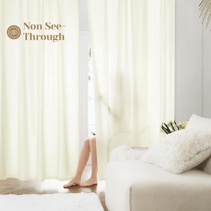 HOMEIDEAS Non-See-Through Cream Yellow Privacy Sheer Curtains 52 X 63 Inches Long 2 Panels Light Yellow Sheer Curtains Light Filtering Window Curtains Drapes for Bedroom Living Room