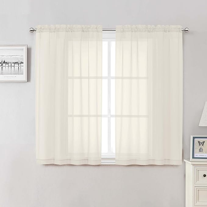 Lecloud Cream Sheer Curtains 48 Inch Length 2 Pcs, Rod Pocket Light Filtering Voile Rustic Farmhouse Bedroom Curtains, Airy Solid Window Drapes for Bathroom Basement, Each Panel 42" W x 48" L