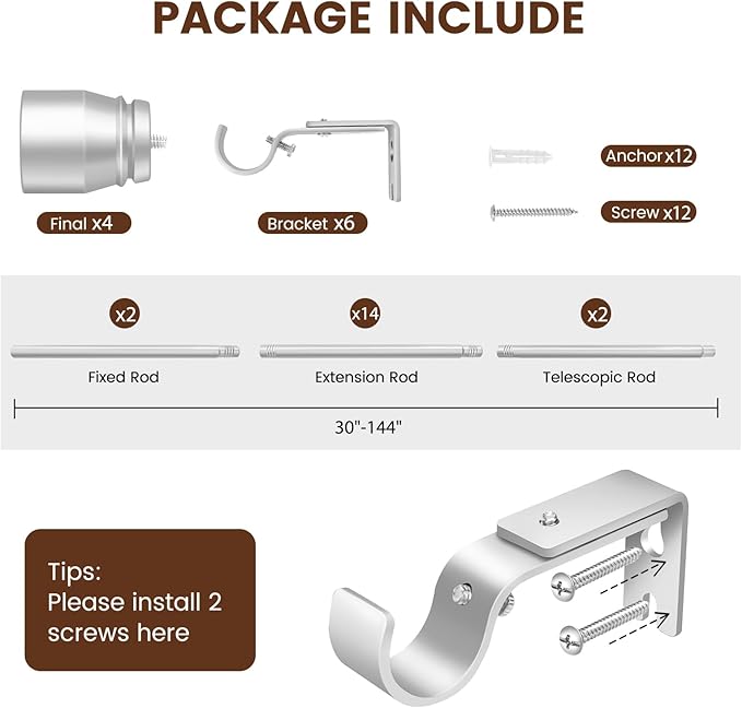 Hradecti Silver Curtain Rod 30-144 inch 2 Pack, Fit 30 to 142, 66 to 120 inch Windows, 1 Inch Diameter Heavy Duty Adjustable Telescopic Rod