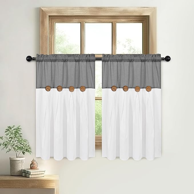 Boho Kitchen Curtains 36 Inch Length, Farmhouse Cotton Linen Tier Curtains, Rustic Button Short Curtains for Windows, Grey Country Cafe Curtains, Rod Pocket Small Window Curtains for Kitchen, 26x36