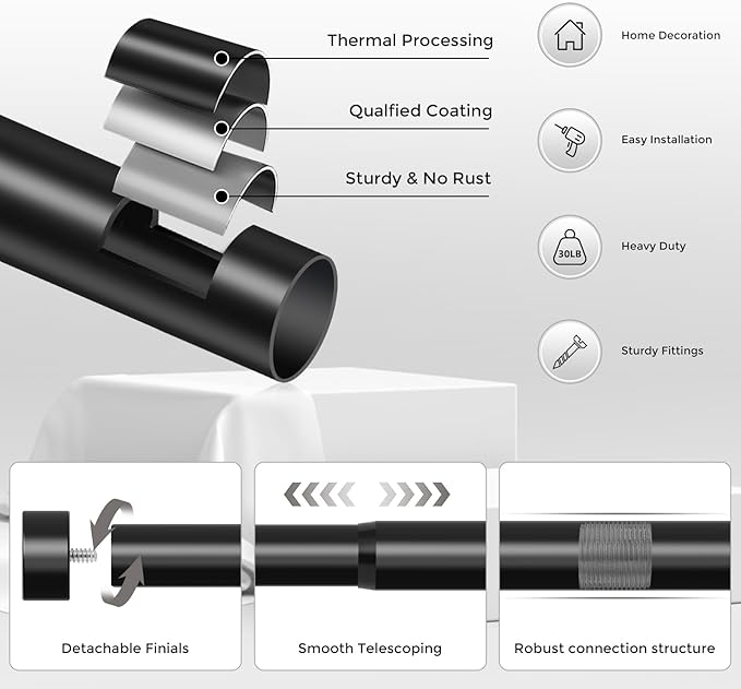 VOIIY Curtain Rods for Windows 18 to 42 Inch(1.5-3.75 Feet),Black 1'' Diameter Drapery Rods with End Cap Style Design,Modern Adjustable Heavy Duty Curtain Rod,Size:18''-42''