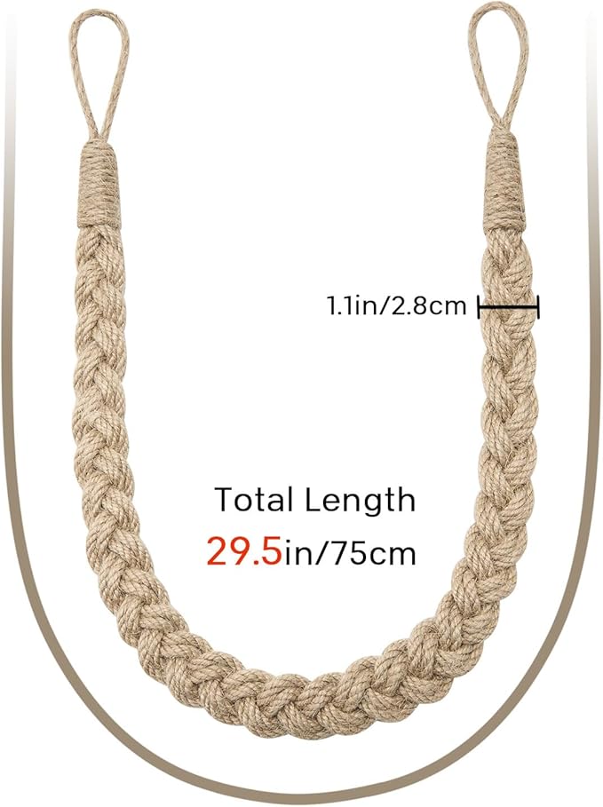 NICEEC 2 Pack Natural Jute Rope Curtain Tiebacks Elegant Boho Style Decorative Drape Tie Backs Soft Hand-Woven Rope Curtain Holdbacks with Metal Hook for Home & Office Drapery (Jute)