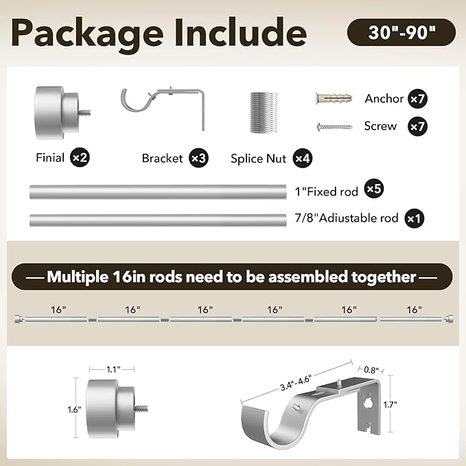 IFELS Heavy Duty Curtain Rods for Windows 48 to 84 Inch, 1 Inch Silver Window Curtain Rod for Bedroom, Living Room, Outdoor, Adjustable Easy Install Curtain Rods, Modern Elegant(A1,Silver,30-90")