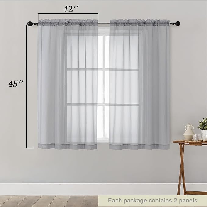Light Grey Sheer Curtains for Bedroom Living Room 45 Inch Length 2 Panels, Soft Light Filtering Small Kitchen Window Curtains, Rod Pocket Short Curtain Drapes, Light Grey, 42" Wx45 L Inches