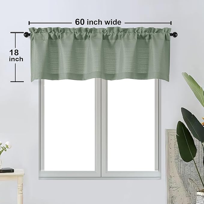 OWENIE Bob Valance Curtains 18 Inch Length 1 Piece, Faux Linen Slub Solid Green Kitchen Valance for Bedroom Living Room, Farmhouse Soft Airy Rod Pocket Small Window Curtain, Each 60Wx18L Inch