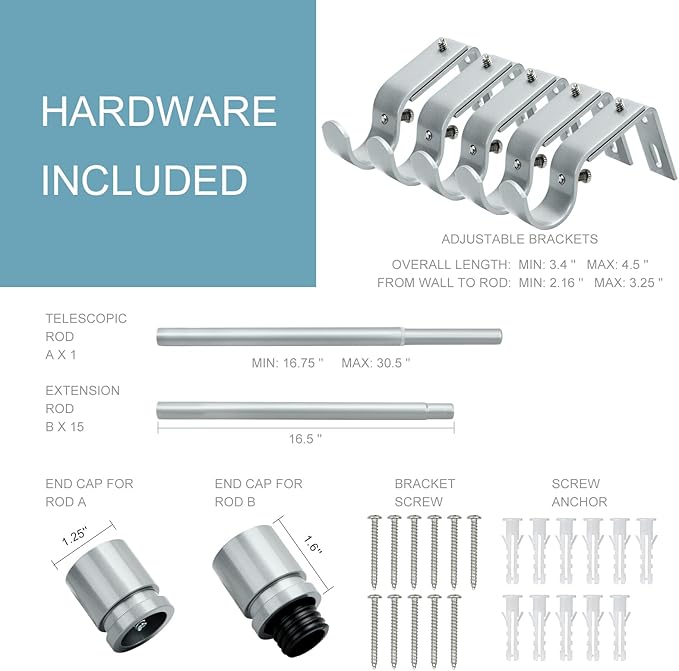 Byondeth Curtain Rods for Windows 16 to 240 Inches Adjustable Length 1 Inch Diameter Window Curtain Rod with Aluminium End Cap, Silver Gray