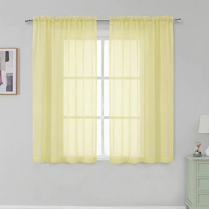 Simplebrand Light Yellow Rod Pocket Top Solid Voile Sheer Curtains for Bedroom, 54 Inch Length Drapes Set of 2, Lightweight and Light Filtering Elegant Curtains Panels Window Treatment, 42W×54L