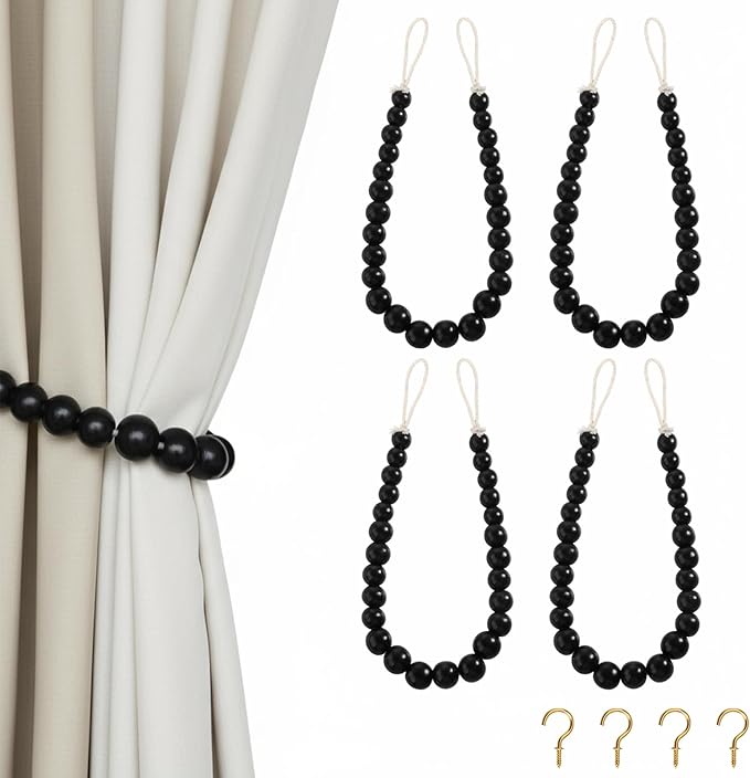 Hion 4 Pcs Boho Curtain Tiebacks,Wood Beads Curtain Holdbacks,Outdoor Farmhouse Tie Backs for Curtains,Curtain Holders for Drapes Home Office Room Decor with Hooks(Black)