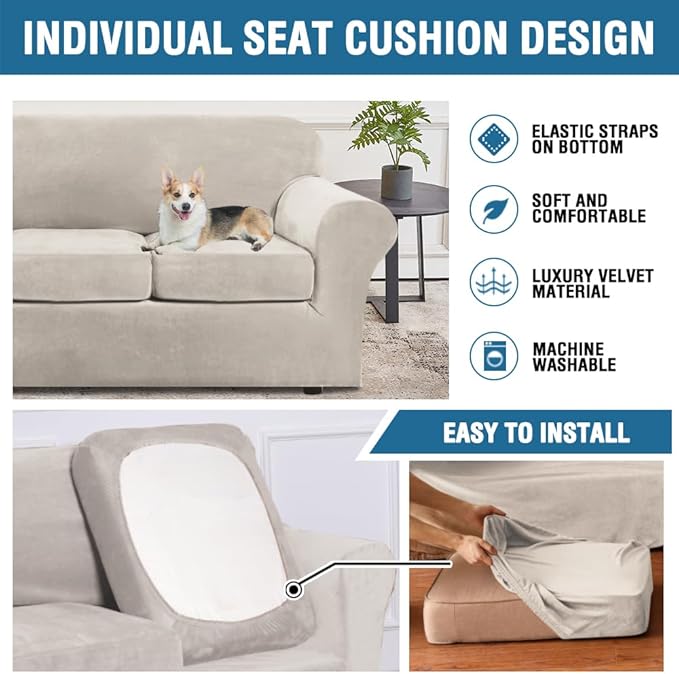 H.VERSAILTEX Modern Velvet Plush 4 Piece High Stretch Sofa Slipcover Furniture Protector Form Fit Velvet Extra Large Sofa Cover for 3 Cushion Couch Width Up to 105 Inch (XL Sofa, French Oak)