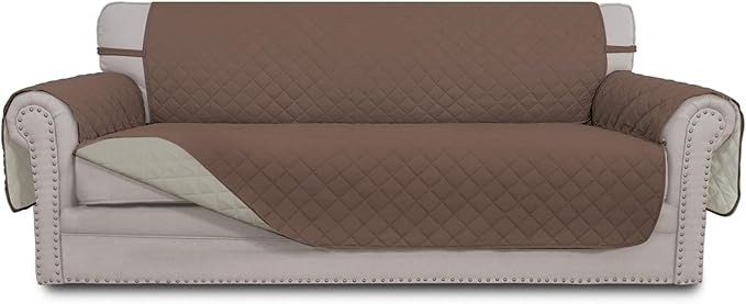 Easy-Going 4 Seater Sofa Slipcover Reversible Sofa Cover Water Resistant Couch Cover with Foam Sticks Elastic Straps Furniture Protector for Pets Children Dog Cat (XX-Large, Brown/Beige)