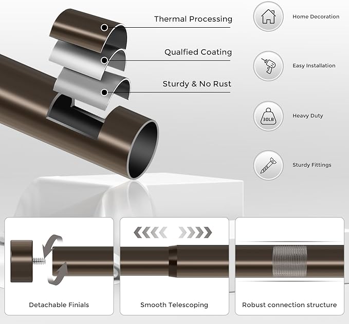 Bronze Curtain Rods for Windows 36 to 176 Inch(3-14 Feet),1" Diameter Rods with Modern Style End Cap Finials,Size:36-176 Inch