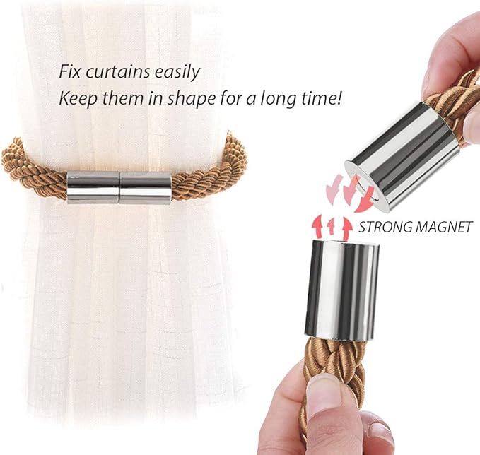 NICEEC 6 Pack Strong Magnetic Curtain Tiebacks Modern Simple Style Drape Tie Backs Convenient Decorative Weave Rope Curtain Holdbacks for Thin or Thick Home & Office Window Draperies (Light Coffee)