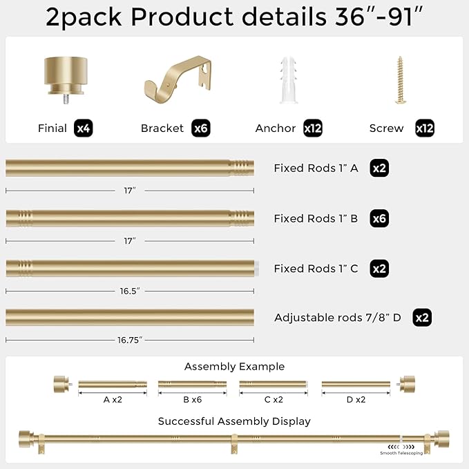 Modern Gold Curtain Rods 2 Pack for Windows 48 to 84 Inch, 1" Diameter Adjustable Heavy Duty Window Curtain Pole with Matte Gold End Cap Finials, Decorative Drapery Rods for Living Room, Bedroom