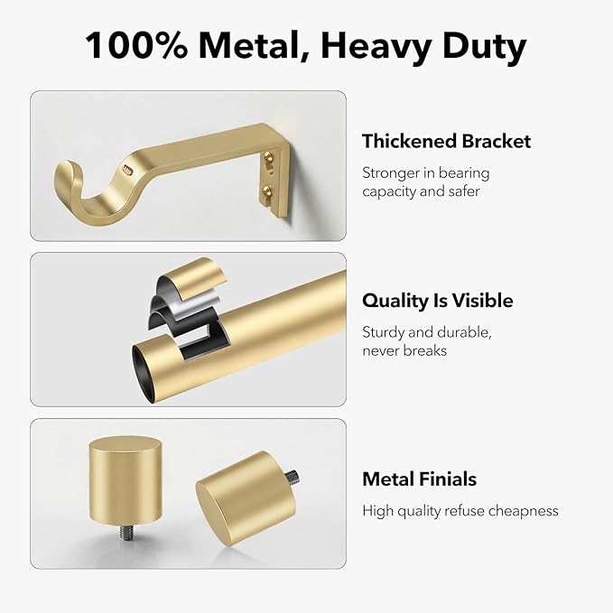 IFELS Heavy Duty Curtain Rods for Windows 48 to 84 Inch, 1 Inch Gold Curtain Rods for Outdoor, Farmhouse, Bedroom, Kitchen, Living Room, Adjustable Easy Install Curtains Rod (A2,Gold,30"-90")