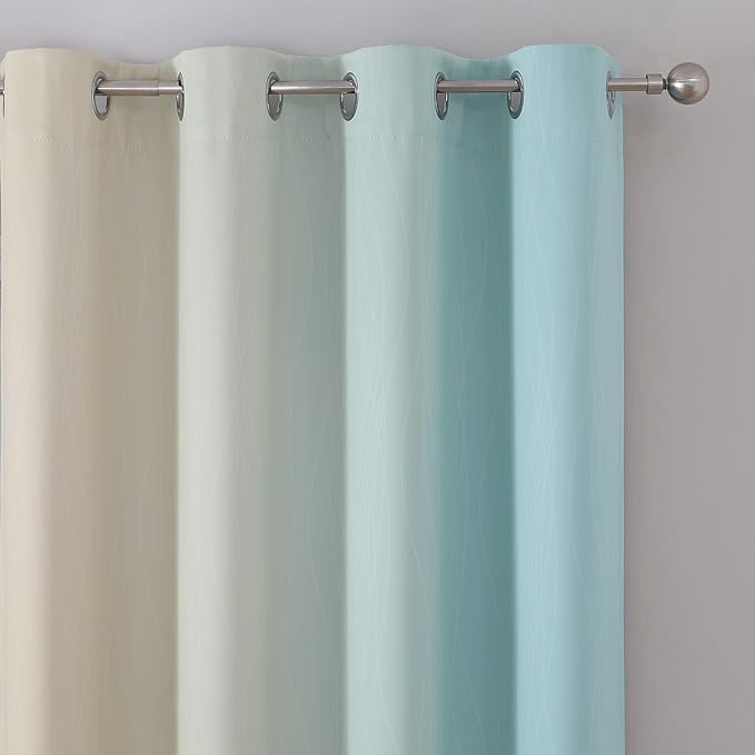 Estelar Textiler Full Room Darkening Gradient Blackout Curtains 72 Inch Length 2 Panels Set, Ombre Aqua and Beige Thermal Insulated Full Light Blocking Grommet Blackout Drapes for Bedroom, 52Wx72L