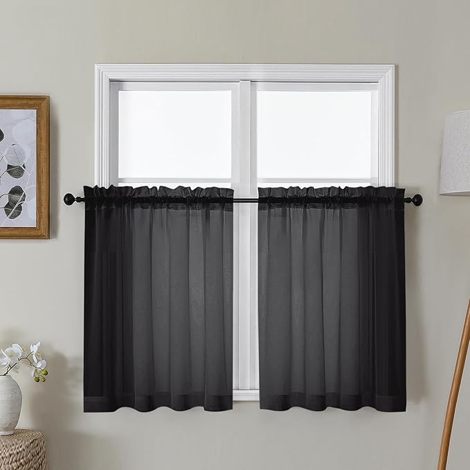 Gwine Black Sheer Curtains 30 Inch Length, Short Light Filtering Voile Small Cafe Kitchen Curtains with Rod Pocket, Short Curtain for Bathroom Window, 42x30 Inch, 2PCS
