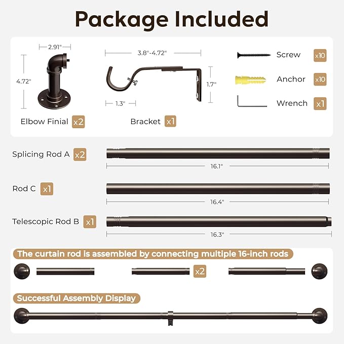 Zeerobee Curtain Rods for Windows 32 to 72, 1 Inch Industrial Wrap Around Antique Bronze Curtain Rod, Indoor/Outdoor Room Divider Adjustable Drapery Pole, 32"-72"