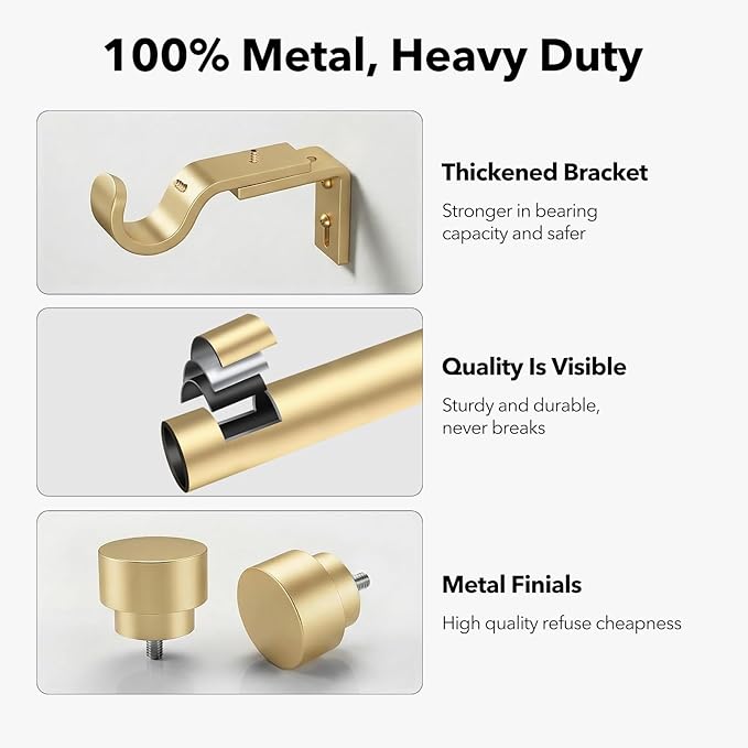 IFELS Heavy Duty Curtain Rods for Windows 28 to 48 Inch, 1 Inch Adjustable Gold Curtain Rod with Easy Installation and Modern Design (A1,Gold,30-60")