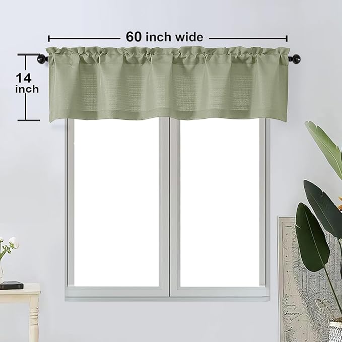 OWENIE Bob 1 PCS Light Green Valances for Windows, Faux Linen Textured Kitchen Window Curtains Valance for Bedroom Living Room, Modern Soft Airy Solid Rod Pocket Bathroom Cafe Curtain, 60Wx14L Inch