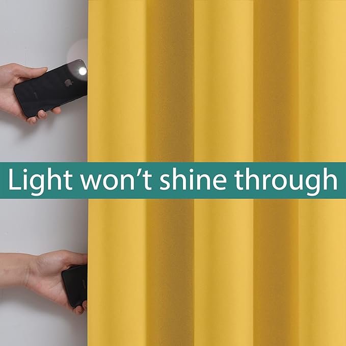 Yakamok Thermal Insulated Full Blackout Curtains 72 Inches Long, Double Layer Full Room Darkening Noise Reducing Grommet Curtains for Bedroom(Mustard Yellow, 2 Panels)