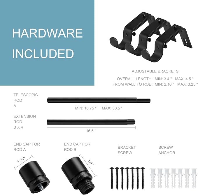 Byondeth Curtain Rods for Windows 16 to 88 Inches Adjustable Length 1 Inch Diameter Window Curtain Rod with Aluminium Finials, Black