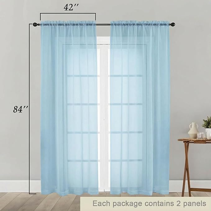 Sheer Curtains 84 Inches Long 2 Panels Set for Bedroom Living Room, Soft Airy Light Filtering Modern Solid Rod Pocket Drapes Window Treatments, Sky Blue, Each 42" W x 84" L