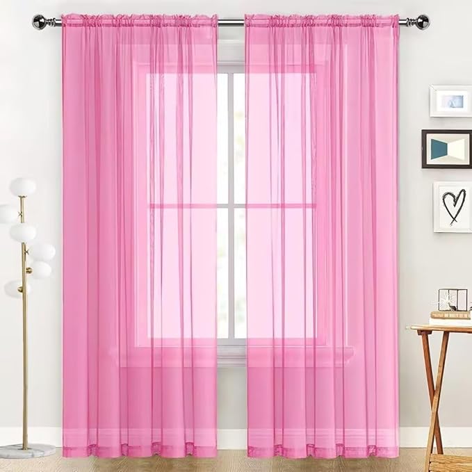 SpaceDresser Basic Rod Pocket Sheer Voile Window Curtain Panels Pink 1 Pair 2 Panels 52 Width 108 Inch Long for Kitchen Bedroom Children Living Room Yard（Pink, 52W x 108L）