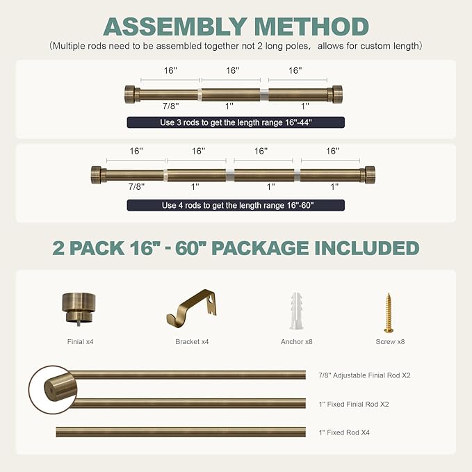 Lootkell 2 Pack Bronze Curtain Rods for Windows 28 to 48 Inches Adjustable Length Heavy Duty 1" Diameter Window Curtain Rod with Solid Metal Finials for Outdoor Farmhouse Bedroom Kitchen Living Room