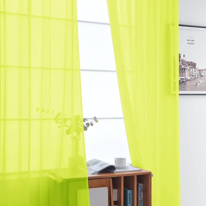 SpaceDresser Basic Rod Pocket Sheer Voile Window Curtain Panels Chartreuse 1 Pair 2 Panels 52 Width 63 Inch Long for Kitchen Bedroom Children Living Room Yard（Chartreuse, 52W x 63L）