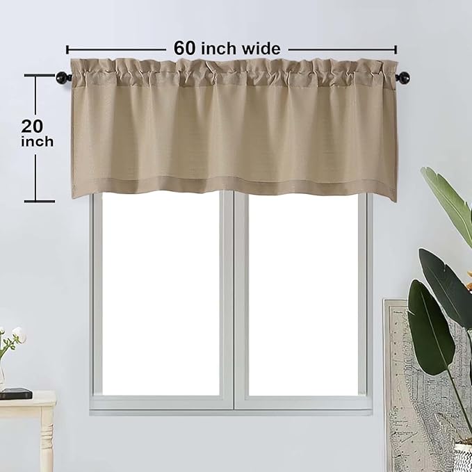 OWENIE Bob 1 PCS Camel Valances for Windows, Faux Linen Textured Kitchen Window Curtains Valance for Bedroom Living Room, Modern Soft Airy Solid Rod Pocket Bathroom Cafe Curtain, 60Wx20L Inch