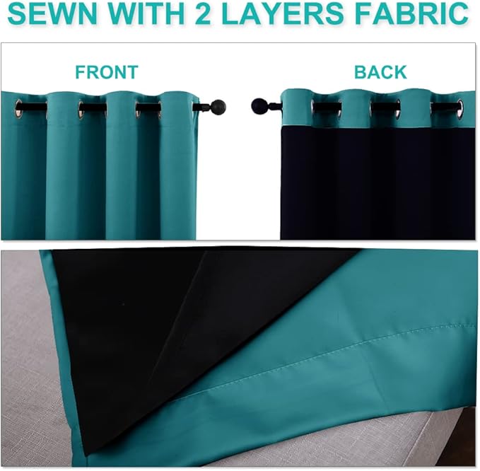 NICETOWN 100% Blackout Curtains with Black Liner, Thermal Insulated Full Blackout 2-Layer Lined Drapes, Energy Efficiency Window Draperies for Bedroom (Peacock Teal, 2 Panels, 52-inch W by 63-inch L)