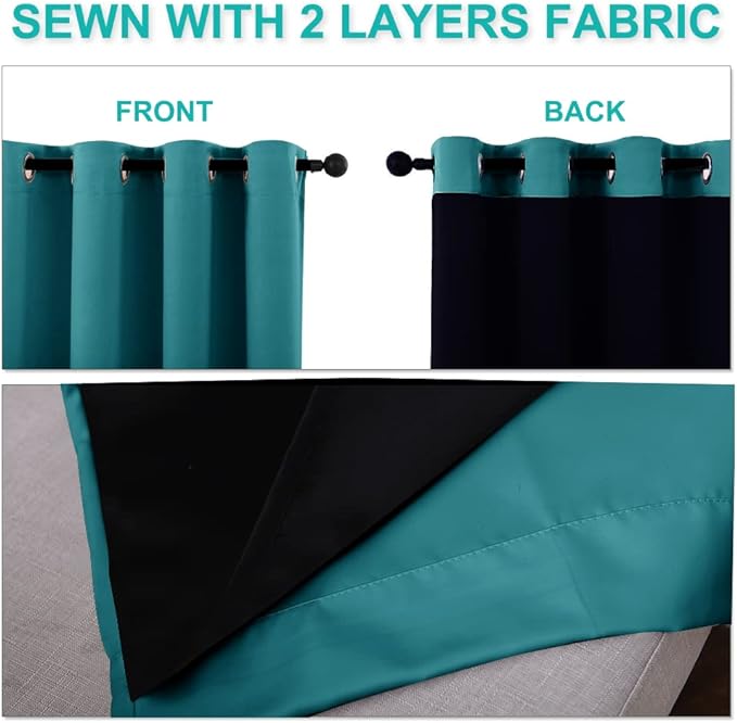 NICETOWN 100% Blackout Window Curtain Panels, Cold and Full Light Blocking Drapes with Black Liner for Nursery, 84" Drop Thermal Insulated Draperies (Peacock Teal, 2 Pieces, 70" Wide Each Panel)