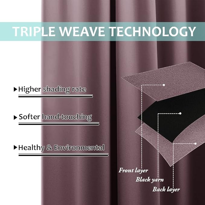NICETOWN Dry Rose 100% Blackout Lined Curtains, 2 Thick Layers Completely Blackout Window Treatment Thermal Insulated Drapes for Kitchen/Bedroom (1 Pair, 62 inches Width x 63 inches Length Each Panel)