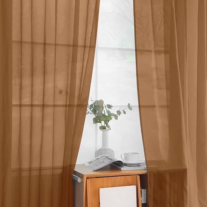 youleyar Solid Sheer Rod Pocket Curtain Voile Draperies 2 Panels White Beige Black Grey Ivory 52 Inch Width 63 Inch Long 1 Pair for Kitchen Bedroom Children Living Room Yard (Light Brown,52Wｘ63L)