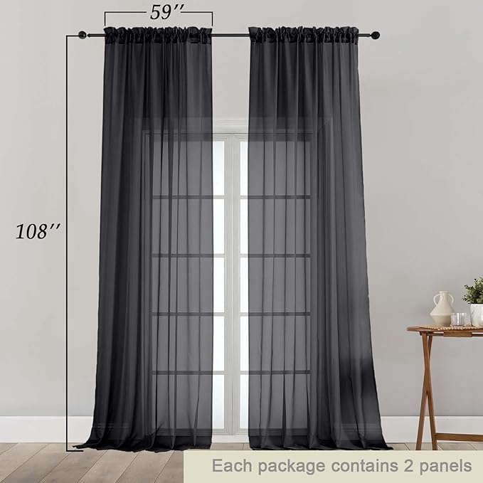 Extra Long Black Sheer Curtains for Bedroom Living Room 108 Inches Long 2 Panels Set, Solid Soft Light Filtering Rod Pocket Sheer Window Curtains, Black, Each 59" Wx108 L Inch