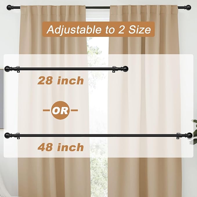 Black Curtain Rods for Windows 28 to 48 inch, Heavy Duty Drapery Rod Set with Brackets, Adjustable 5/8 inch Diameter Metal Standard Curtain Rod for Bedroom, Kitchen, Matte Black