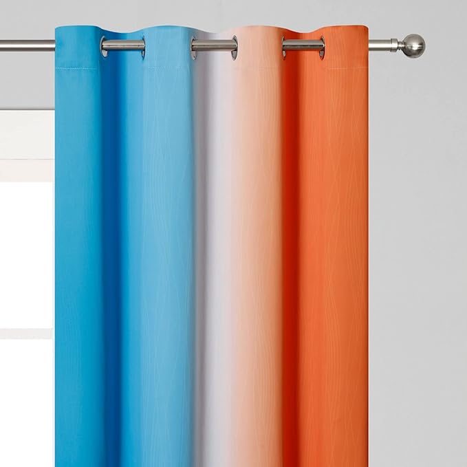 Thermal Insulated Blue and Orange Curtains for Living Room, Complete Light Blocking Ombre Blackout Curtains for Bedroom, Full Room Darkening Gradient Grommet Drapes for Boy Room, 52x84 Inch, 2 Panels