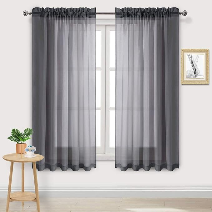 DWCN Dark Gray Sheer Curtains Semi Transparent Voile Rod Pocket Curtains for Bedroom and Living Room, 60 x 63 inches Long, Set of 2 Panels