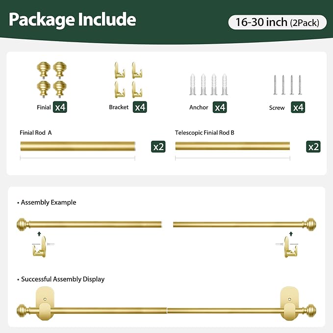 KAMANINA 2 Pack Curtain Rods No Drilling for Windows 16 to 30 Inches, 5/8 Inch Diameter Adjustable Single Curtain Poles with Adhesive Brackets, Gold