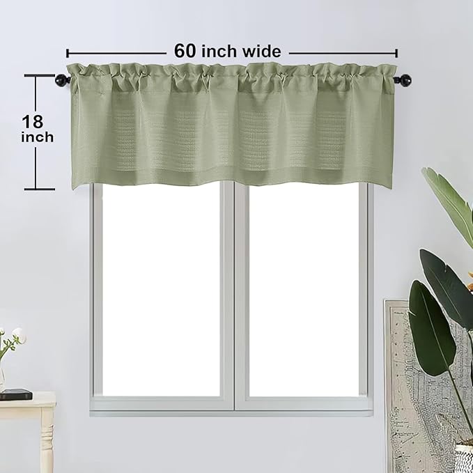OWENIE Bob 1 PCS Light Green Valances for Windows, Faux Linen Textured Kitchen Window Curtains Valance for Bedroom Living Room, Modern Soft Airy Solid Rod Pocket Bathroom Cafe Curtain, 60Wx18L Inch