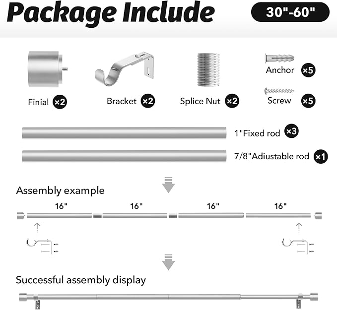 GEEBOBO Silver Curtain Rods for Windows 28 to 48 Inch, 1 Inch Adjustable Heavy Duty Easy Install Curtain Rods Set for Outdoor, Patio, Farmhouse, Bedroom, Living Room (Silver, 30"-60")