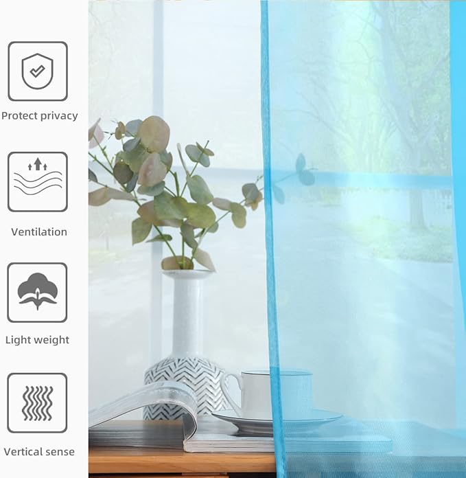 youleyar Solid Sheer Rod Pocket Curtain Voile Draperies 2 Panels White Beige Black Grey Coffee 52 Inch Width 72 Inch Long 1 Pair for Kitchen Bedroom Children Living Room Yard (Cyan Blue,52Wｘ72L)